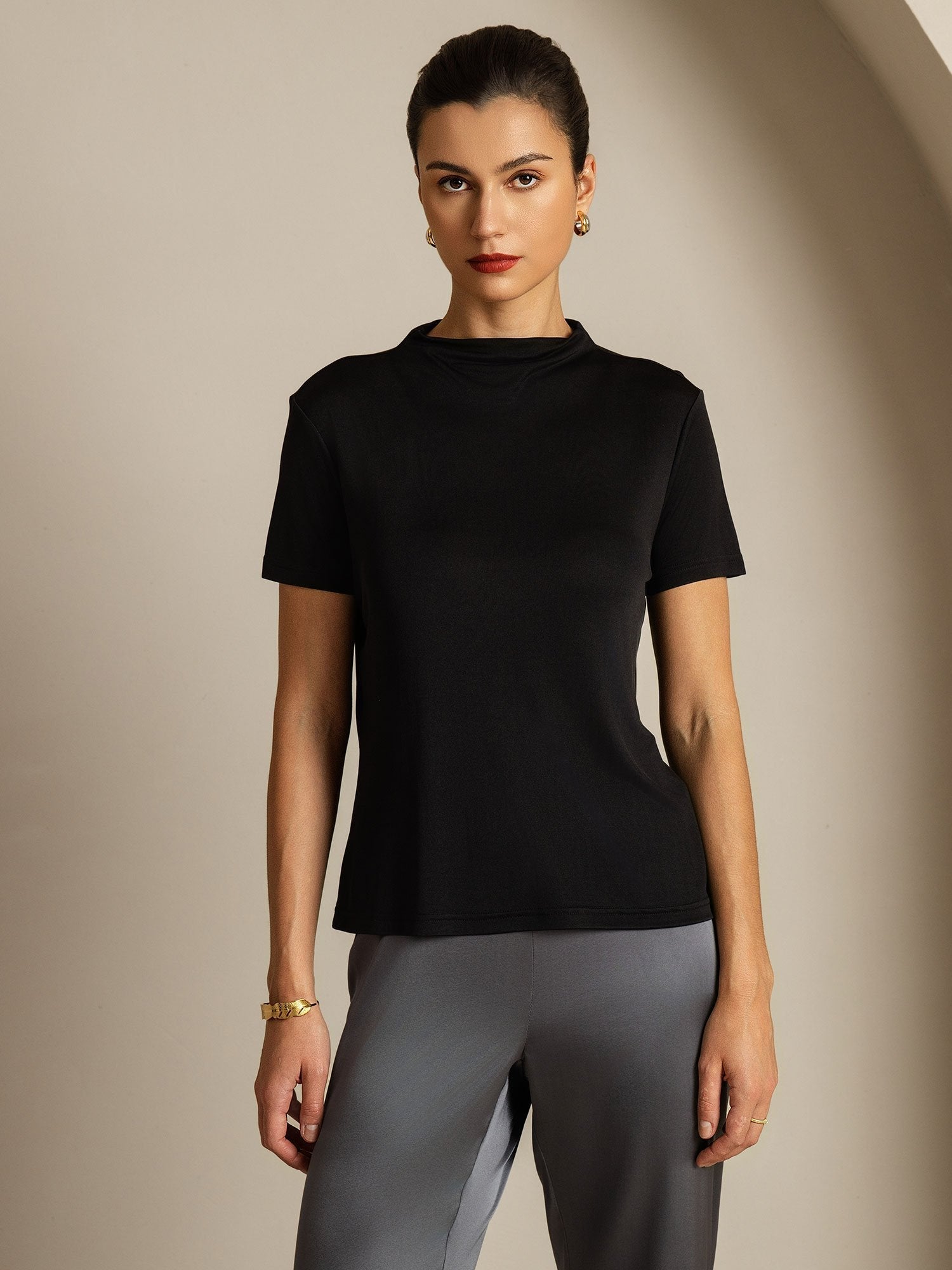 [Black] SilkSilky-CA Pure Silk Collar Women's T-Shirt 003