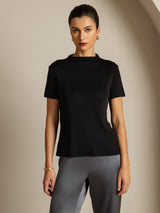 [Black] SilkSilky-CA 100% Silk Jersey Short Sleeve Mock Neck Women's T-Shirt 003