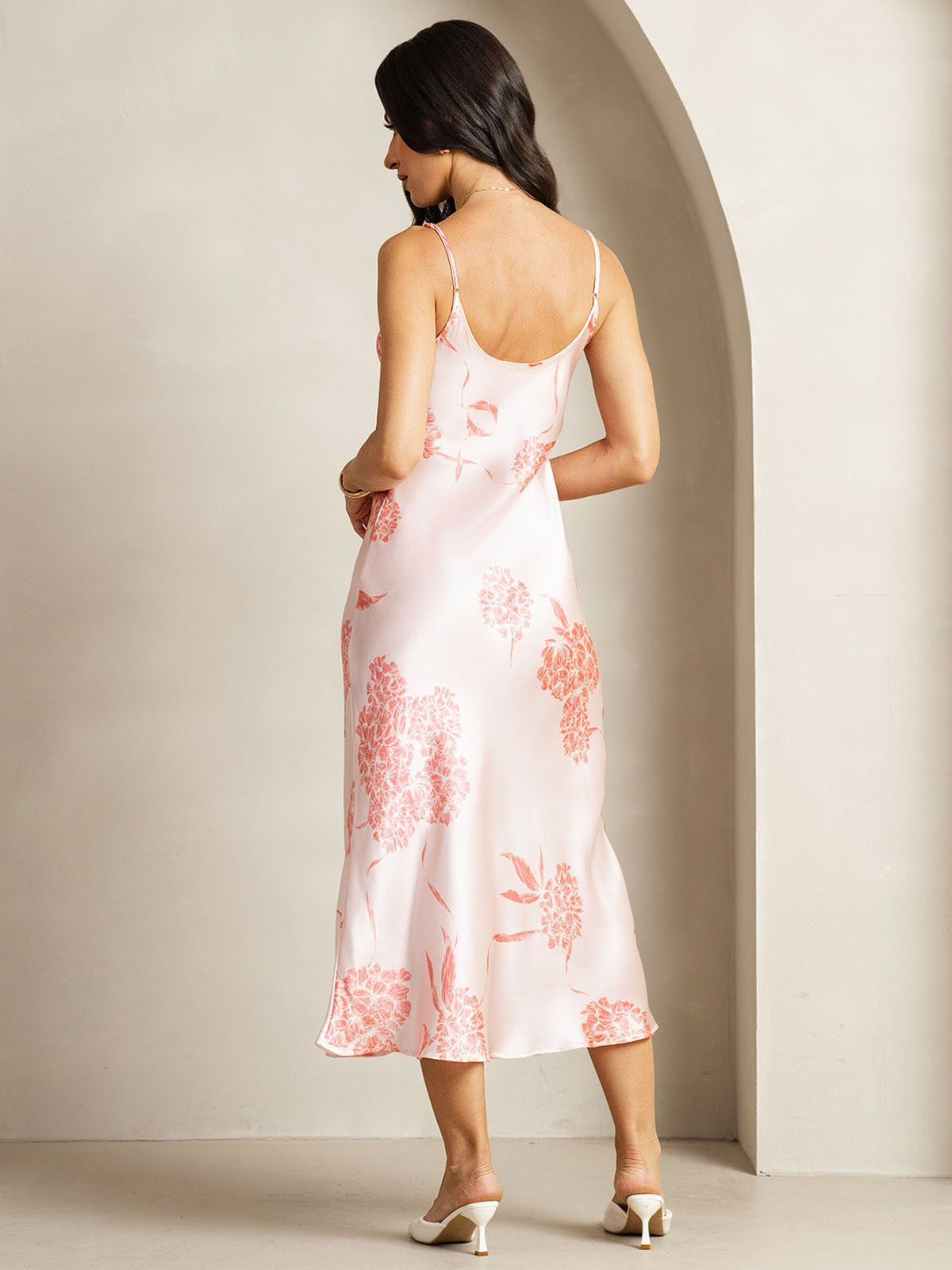 [Coral Floral] SilkSilky-CA 19Momme Silk V Neck Dress 002