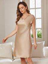[Champagne] SilkSilky-CA Cap Sleeve V Neck Nightgown 004