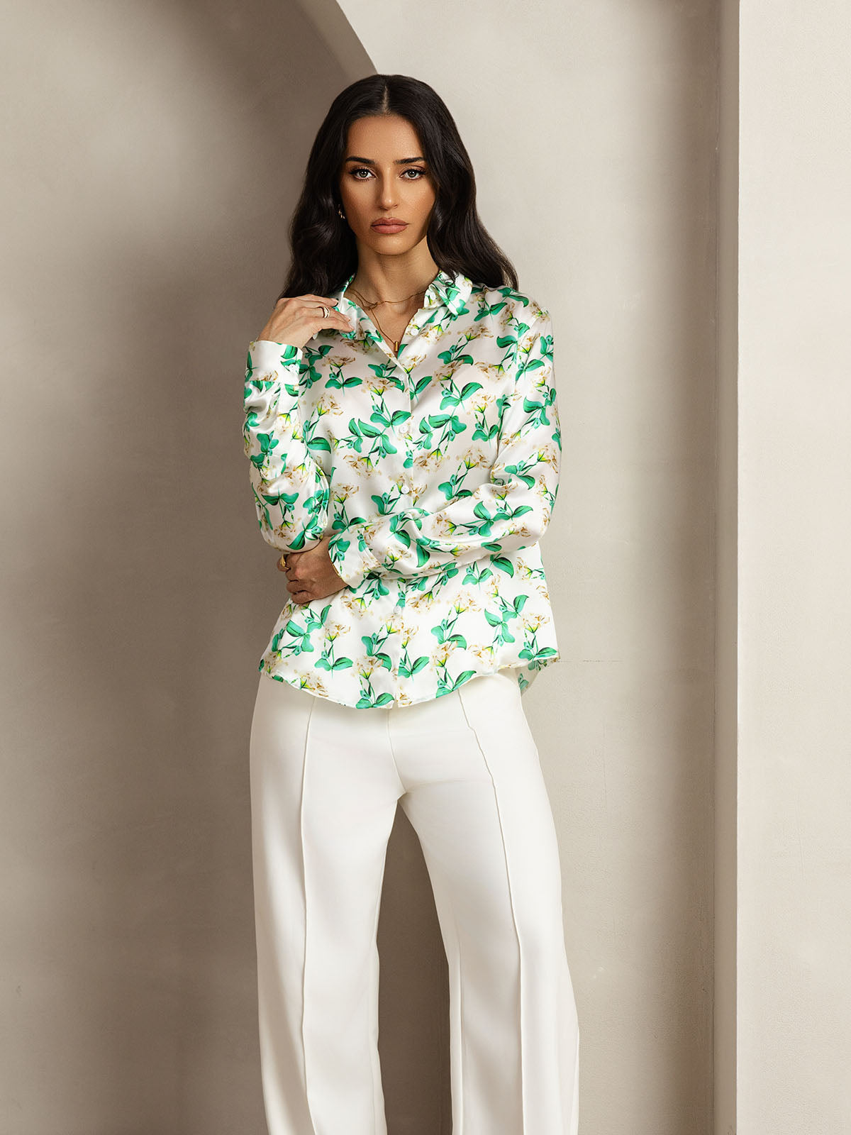 [Green Floral] SilkSilky-CA Silk Lapel Collar Women's Shirt 006