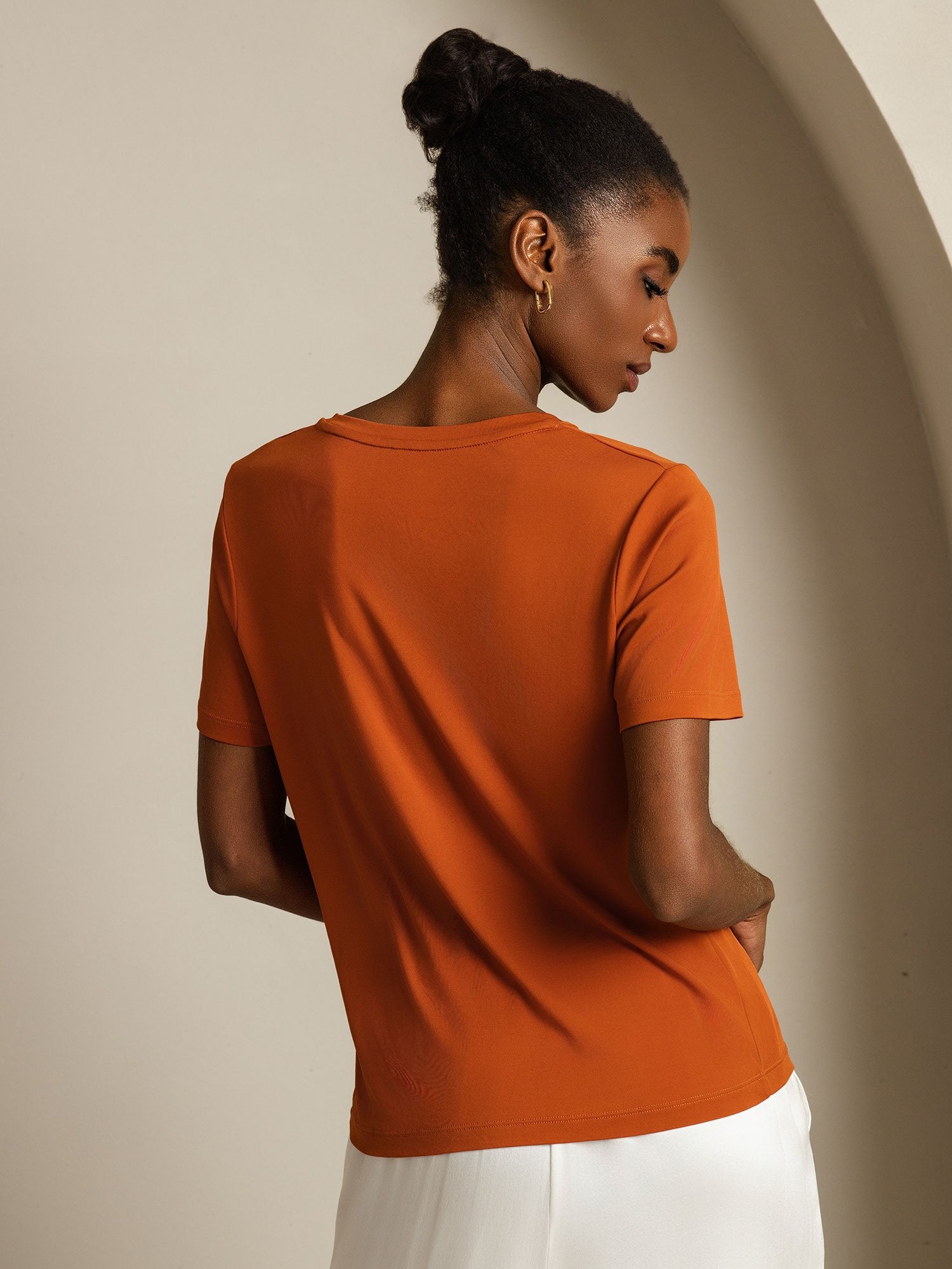 [Orange] SilkSilky-CA Pure Silk V Neck Women's T-Shirt 002