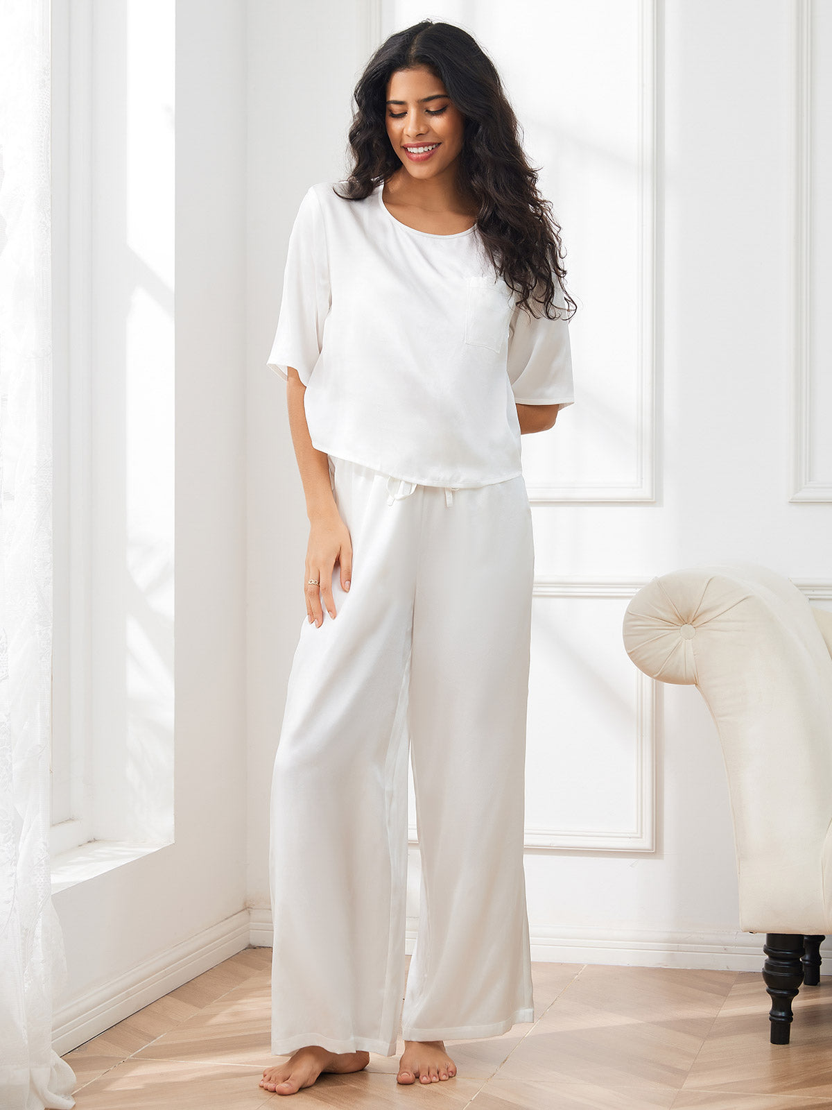 [White] SilkSilky-CA Pure Silk Half Sleeve Round Neck Women's Pajamas 003