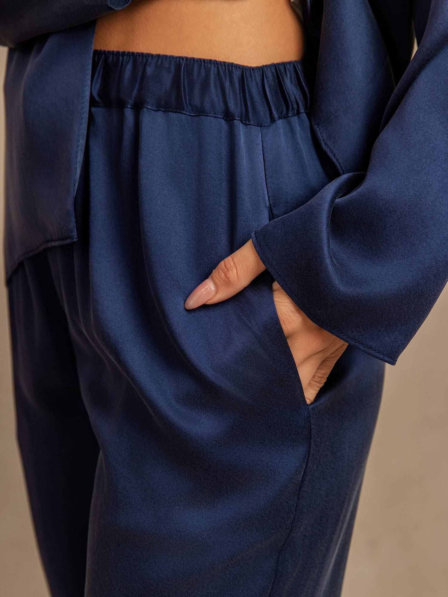 [Dark Blue] SilkSilky-CA 19Momme Machine-Washable Silk Long Sleeve Notch Collar Women's Pajamas 005