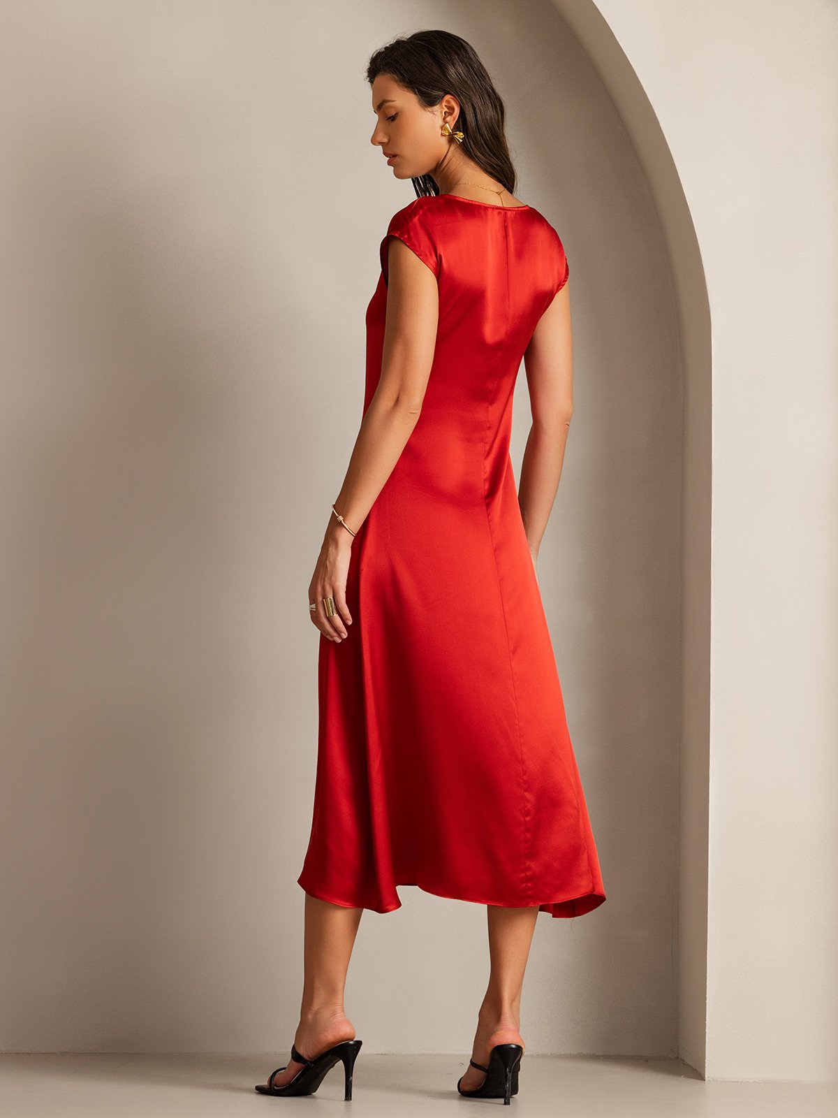 [Wine] SilkSilky-CA 19Momme Silk Cap Sleeve Round Neck Dress 002