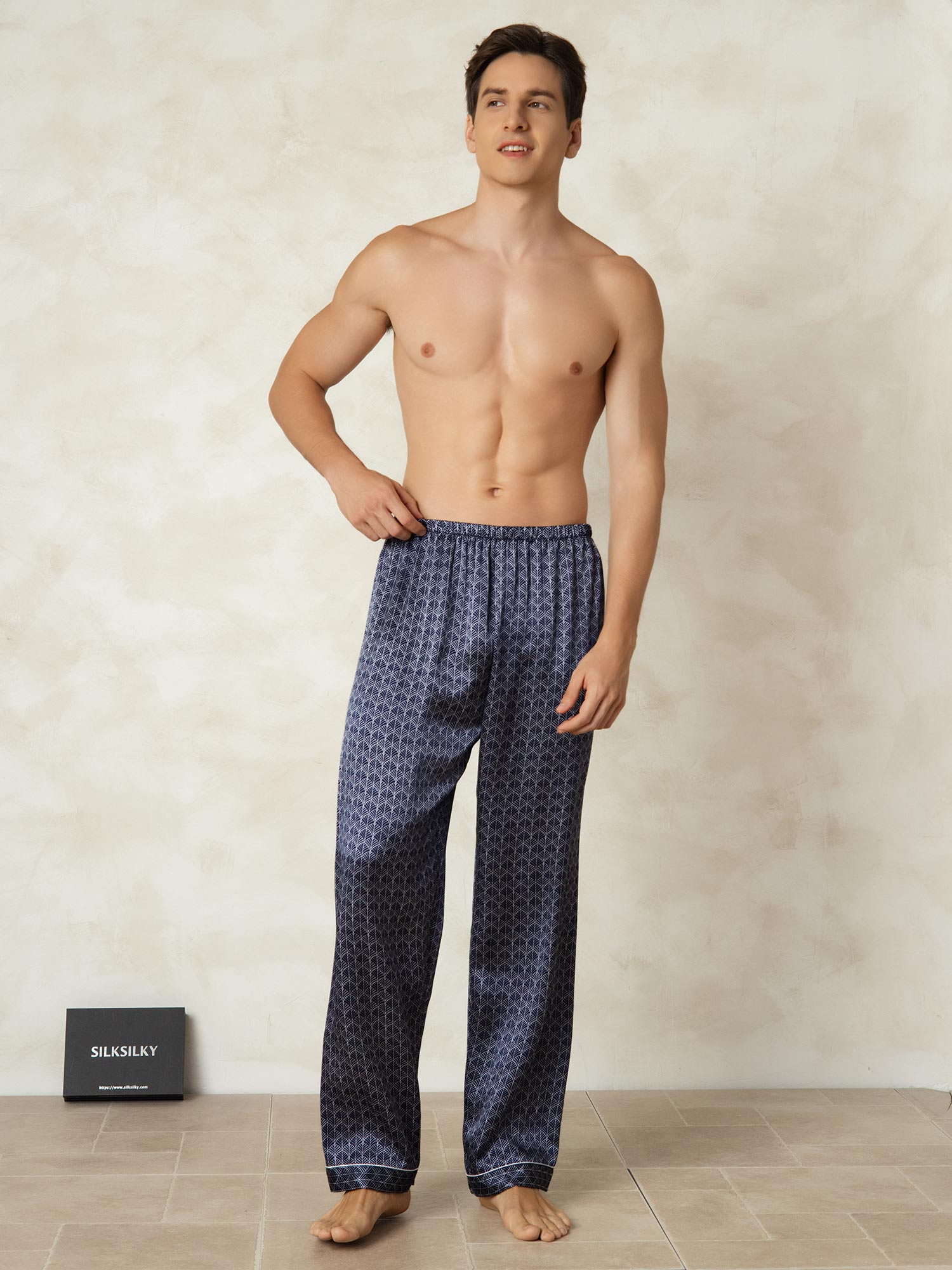 [Navy Ginkgo] SilkSilky-CA Pure Silk Mens Sleep Bottoms 004