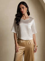 [White] SilkSilky-CA Half Sleeve Scoop Neck Women's T-Shirt 003