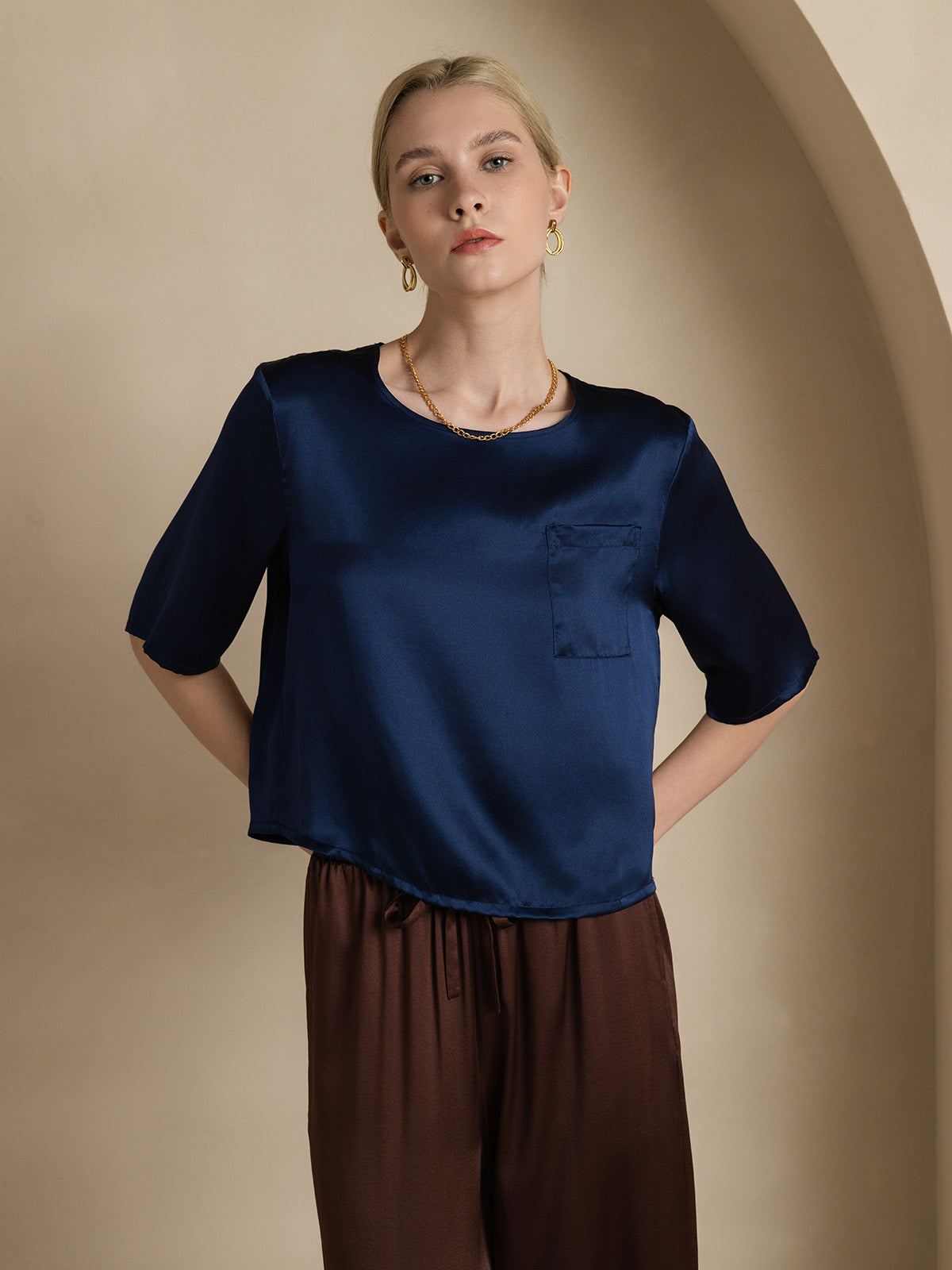 [Dark Blue] SilkSilky-CA Pure Silk Half Sleeve Boat Neck Women's T-Shirt 001
