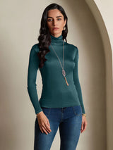 [Dark Green] SilkSilky-CA Silk Jersey Long Sleeve Turtle Neck Women's T-Shirt 005