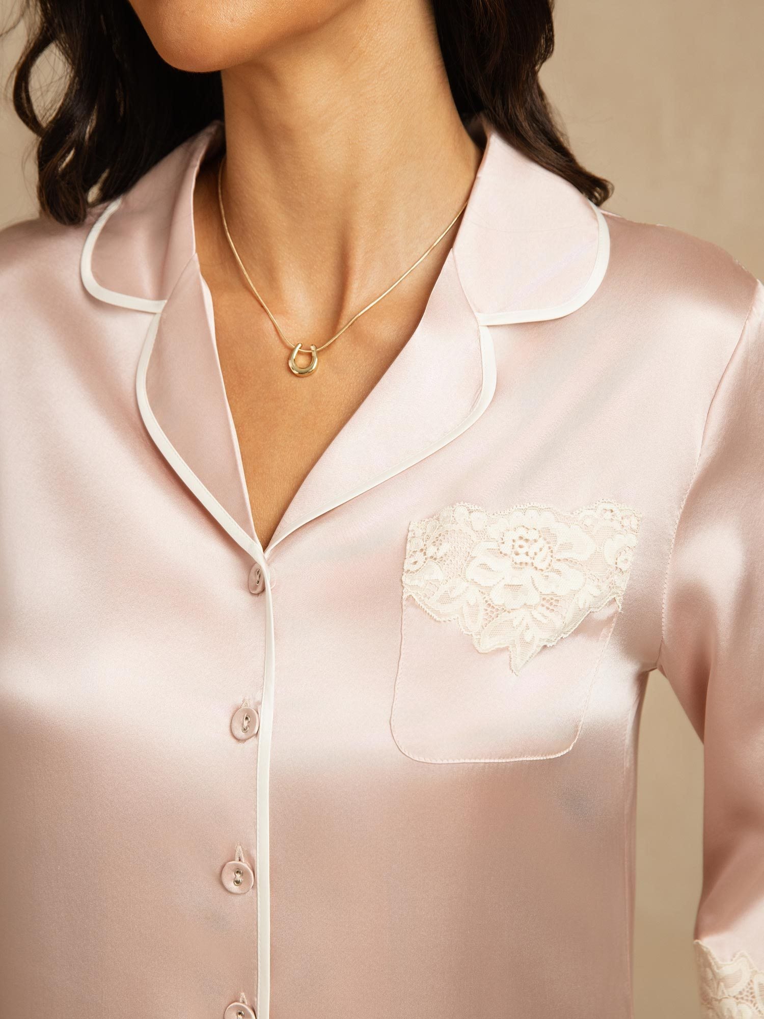 [Pink] SilkSilky-CA Pure Silk Lapel Collar Nightshirt 004