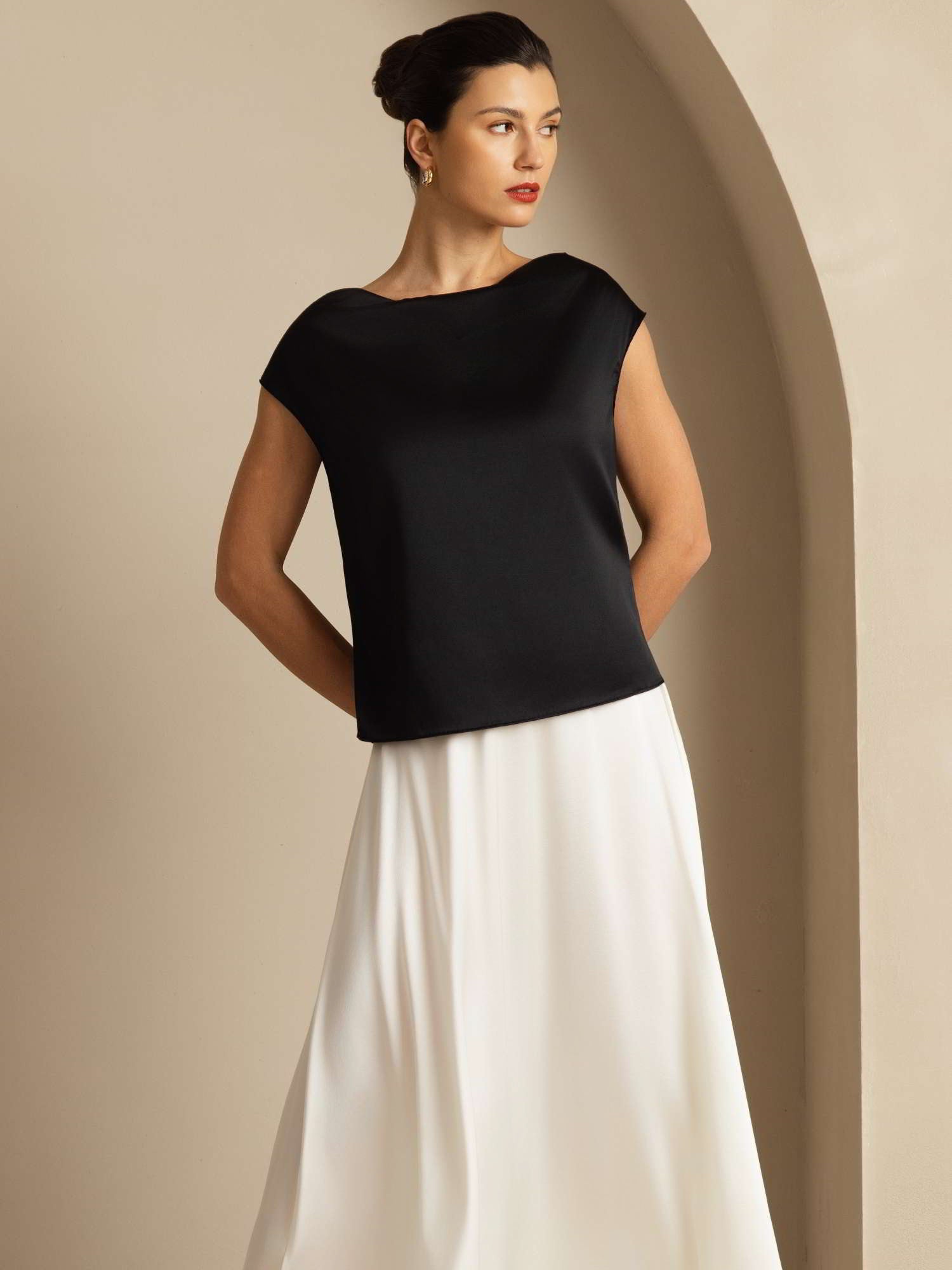 [Black] SilkSilky-CA 19Momme Silk Cap Sleeve Cowl Neck Women's T-Shirt 008