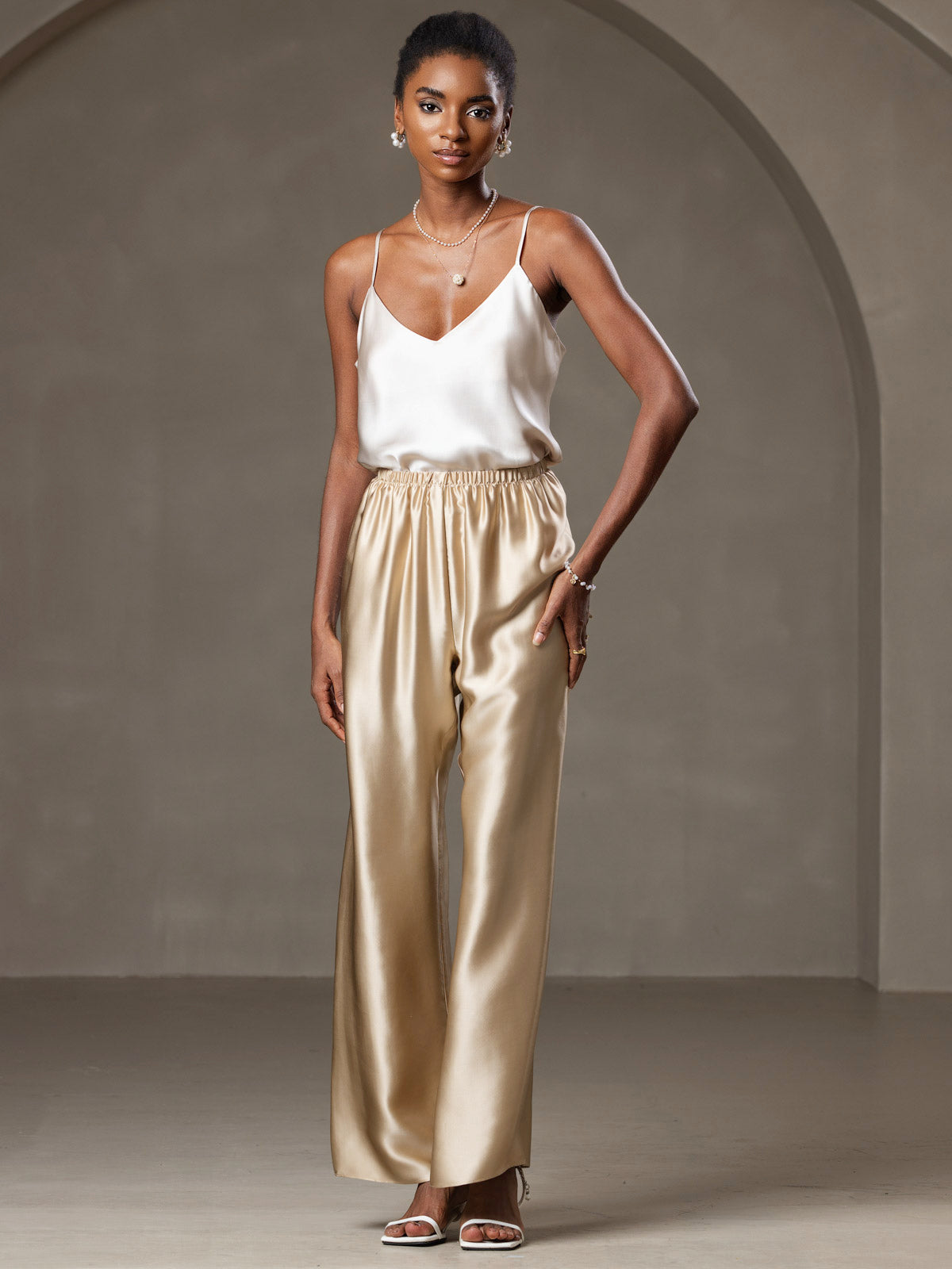 [Beige] SilkSilky-CA Pure Silk V Neck Camisole 006