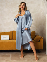 [Grayish Blue] SilkSilky-CA Long Sleeve V Neck Nightgown&Robe Set 005