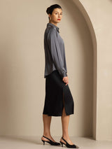 [Dark Gray] SilkSilky-CA Long Sleeve Lapel Collar Women's Shirt 009