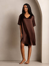 [Brown] SilkSilky-CA Half Sleeve V Neck Nightgown 003