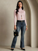 [Coral Pink] SilkSilky-CA Silk Jersey Long Sleeve Turtle Neck Women's T-Shirt 005