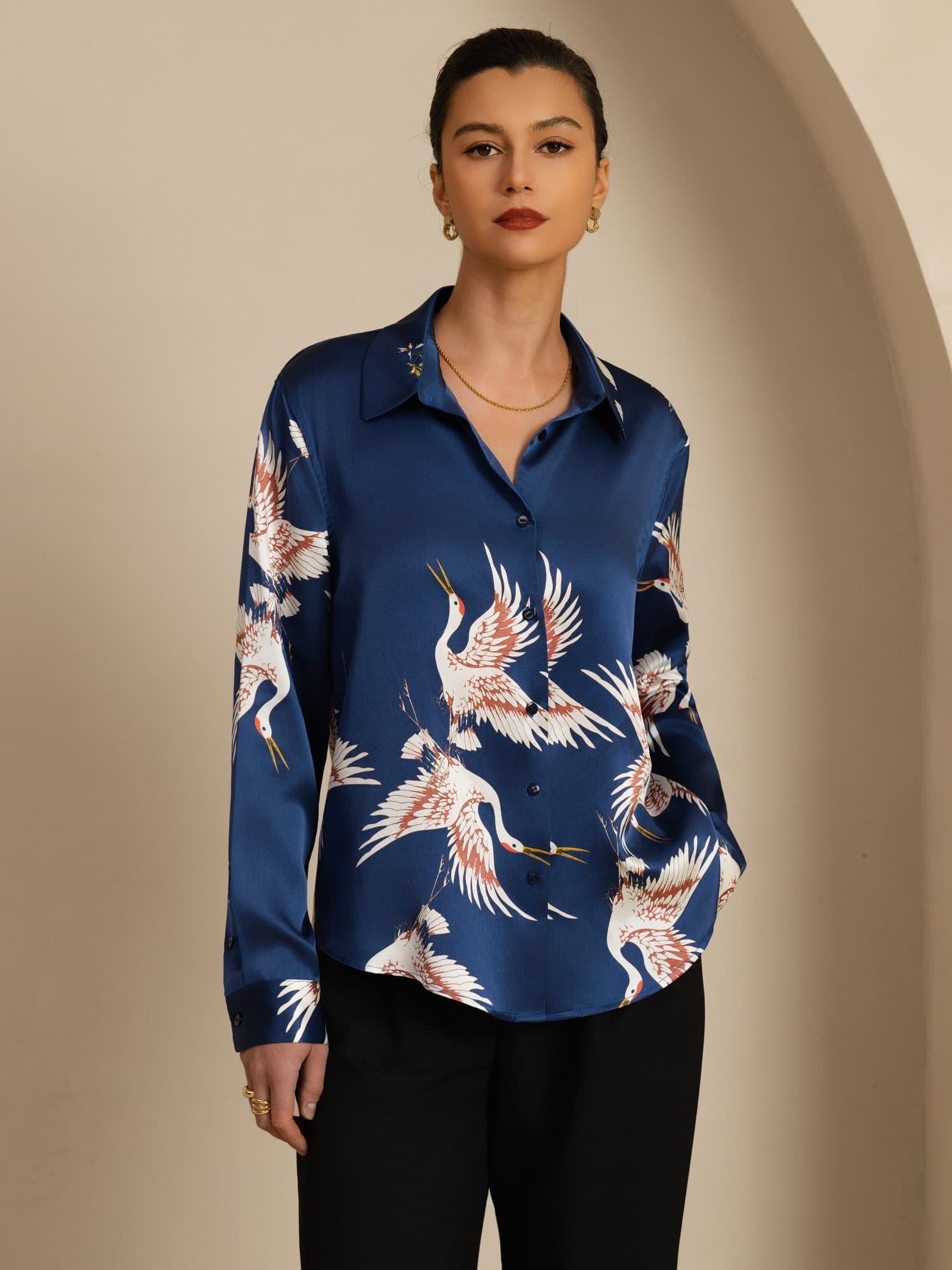 [Dark Blue] SilkSilky-CA Long Sleeve Lapel Collar Women's Shirt 001