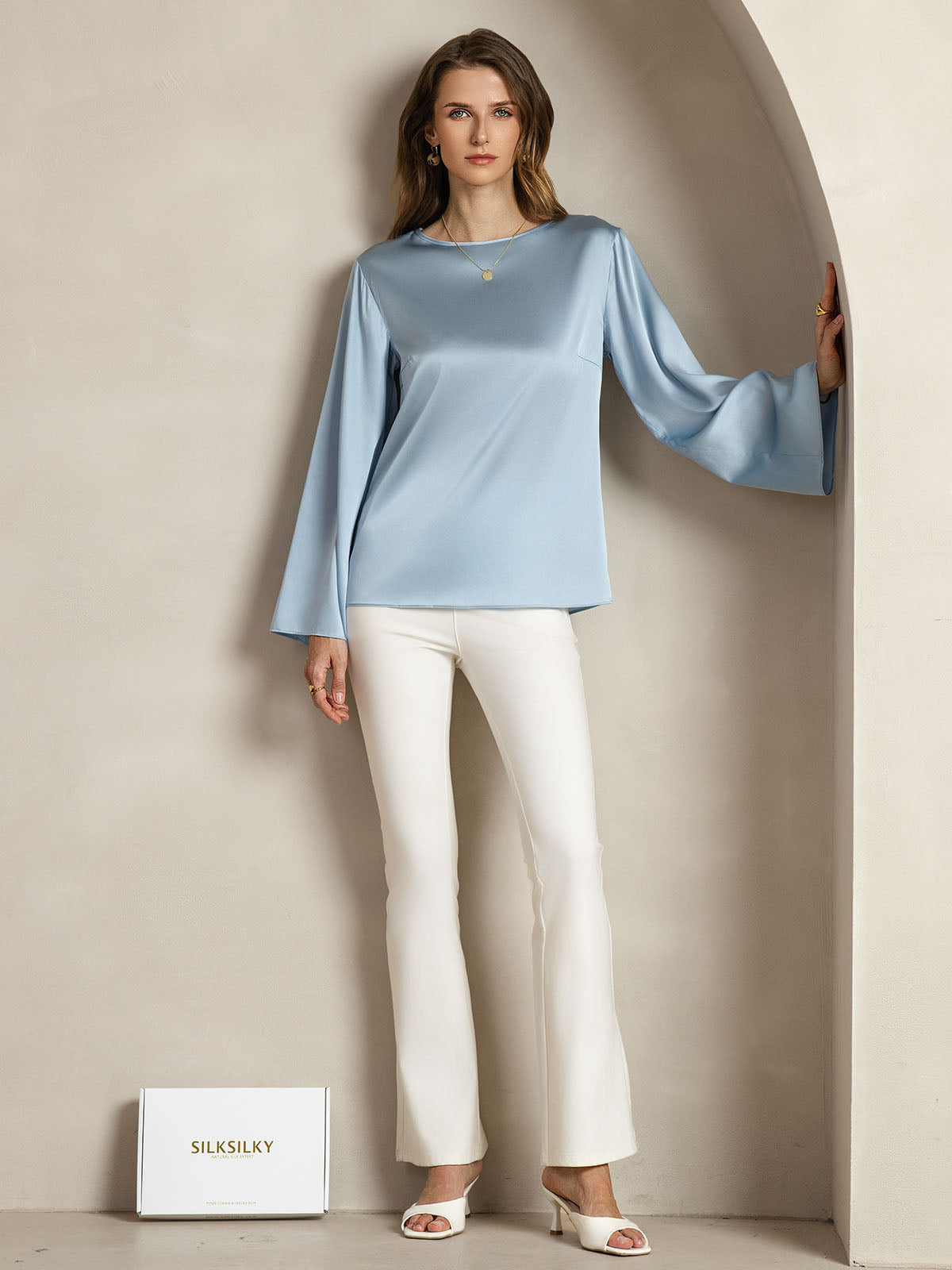 [Grayish Blue] SilkSilky-CA 19Momme Silk Round Neck Women's T-Shirt 003,