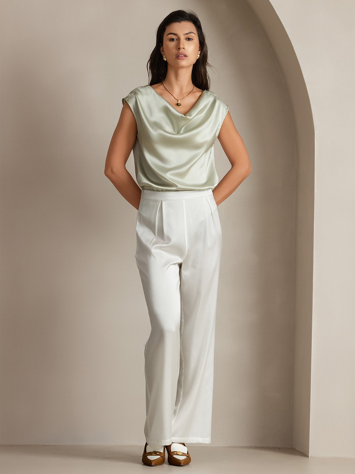 [Light Green] SilkSilky-CA 19Momme Silk Cap Sleeve Cowl Neck Women's T-Shirt 005