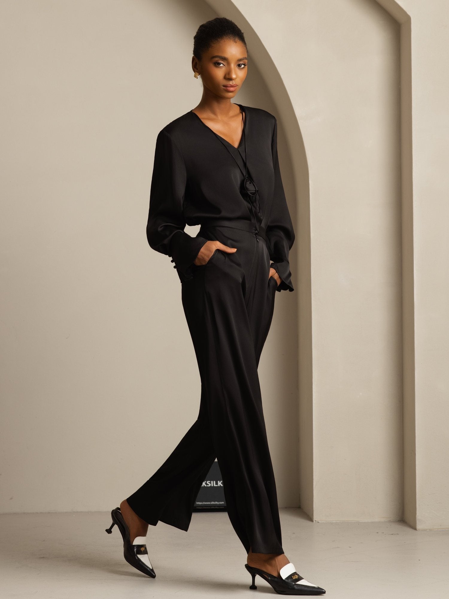 [Black] SilkSilky-CA 19Momme Stretch Silk Double Georgette Long Sleeve V Neck Blouse 008