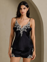 [Black] SilkSilky-CA Spaghetti Strap V Neck Camisole Set 005