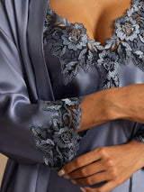 [Steel Blue] SilkSilky-CA Pure Silk Spaghetti Strap V Neck Women's Pajamas 004