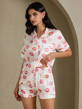 [White Lipstick] SilkSilky-CA Short Sleeve Notch Collar Women's Pajamas 003