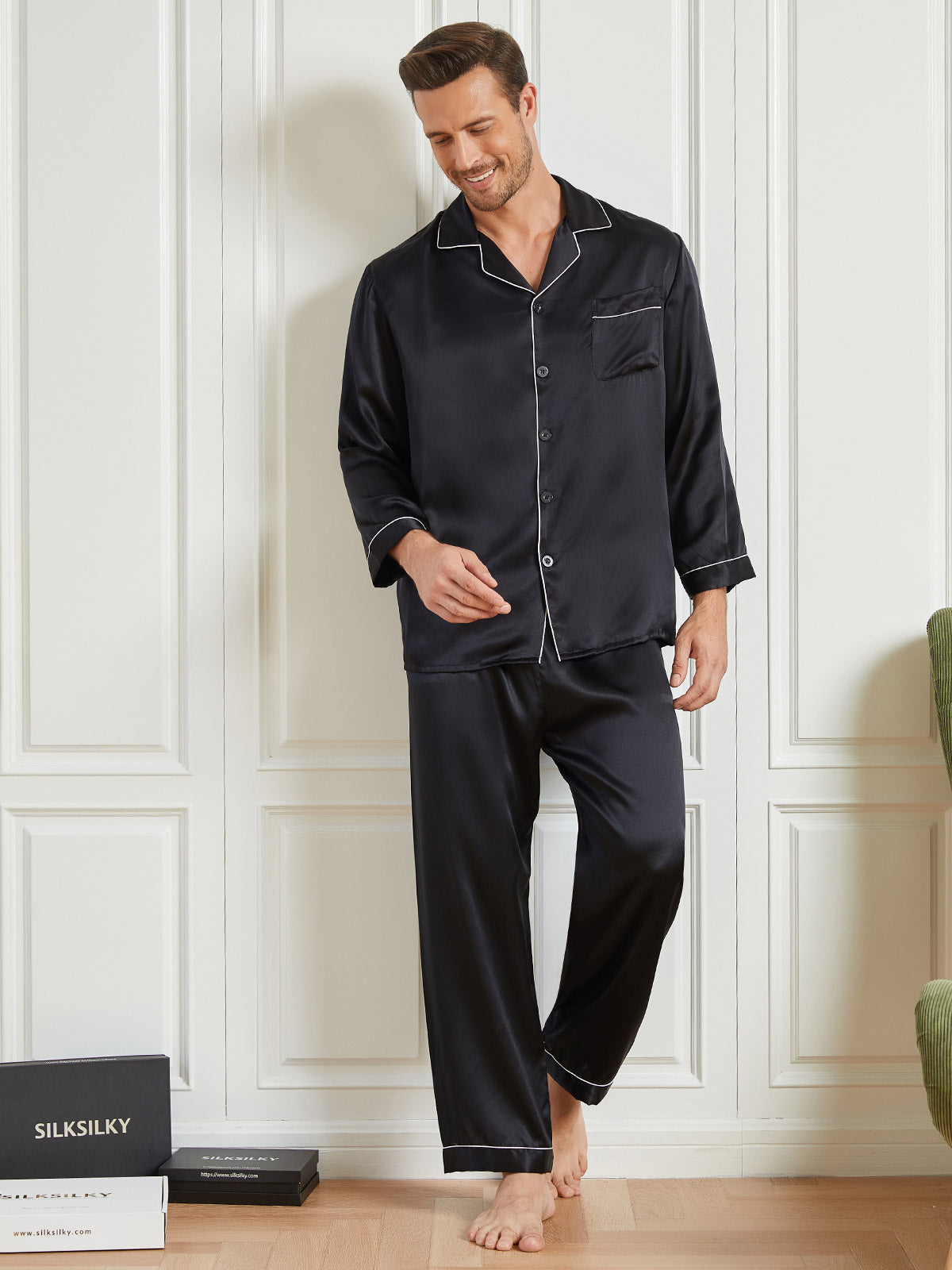 SilkSilky CA 19Momme Pure Silk Long Sleeve Lapel Men's Pajamas Black 003