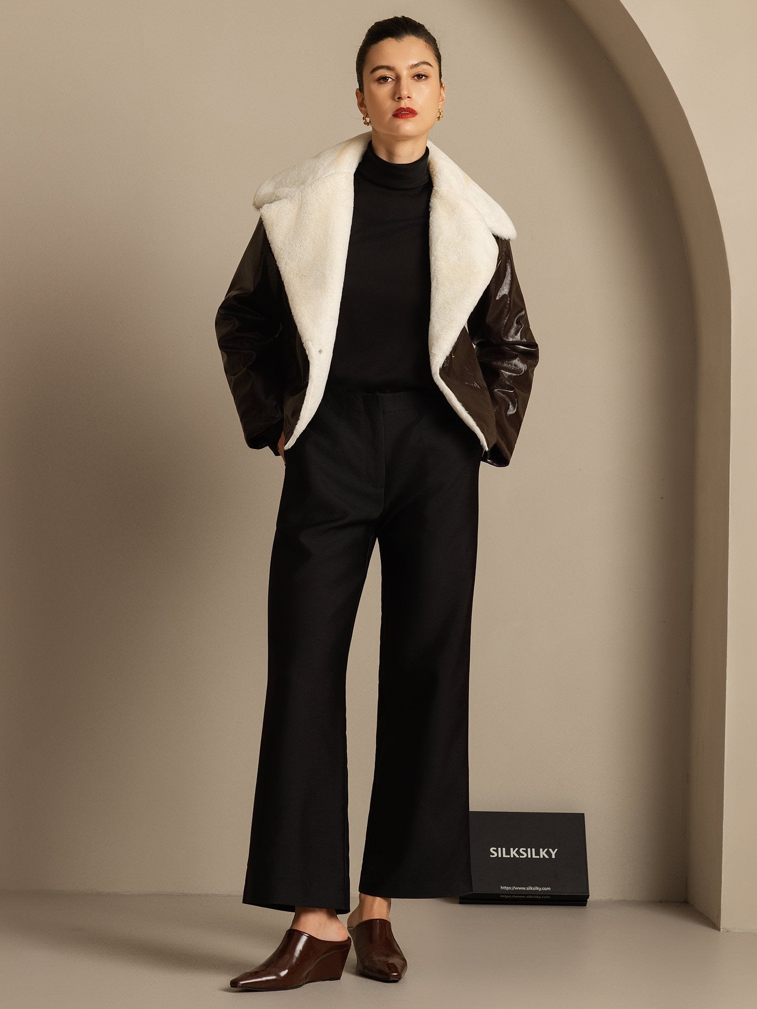 [Black] SilkSilky-CA 32Momme Silk-Wool Blend Womens Pants 006,