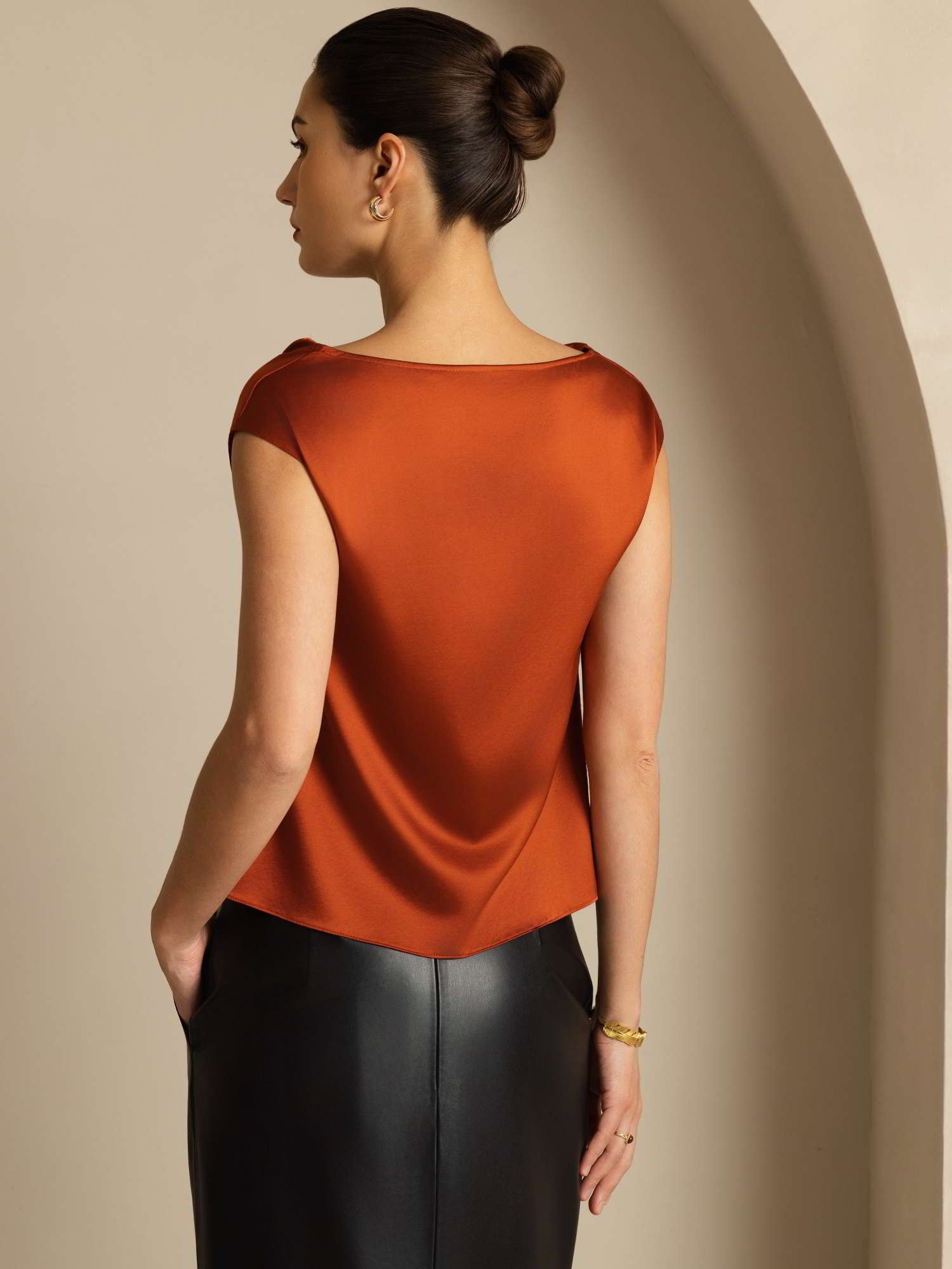 [Caramel] SilkSilky-CA 19Momme Silk Cap Sleeve Cowl Neck Women's T-Shirt 002