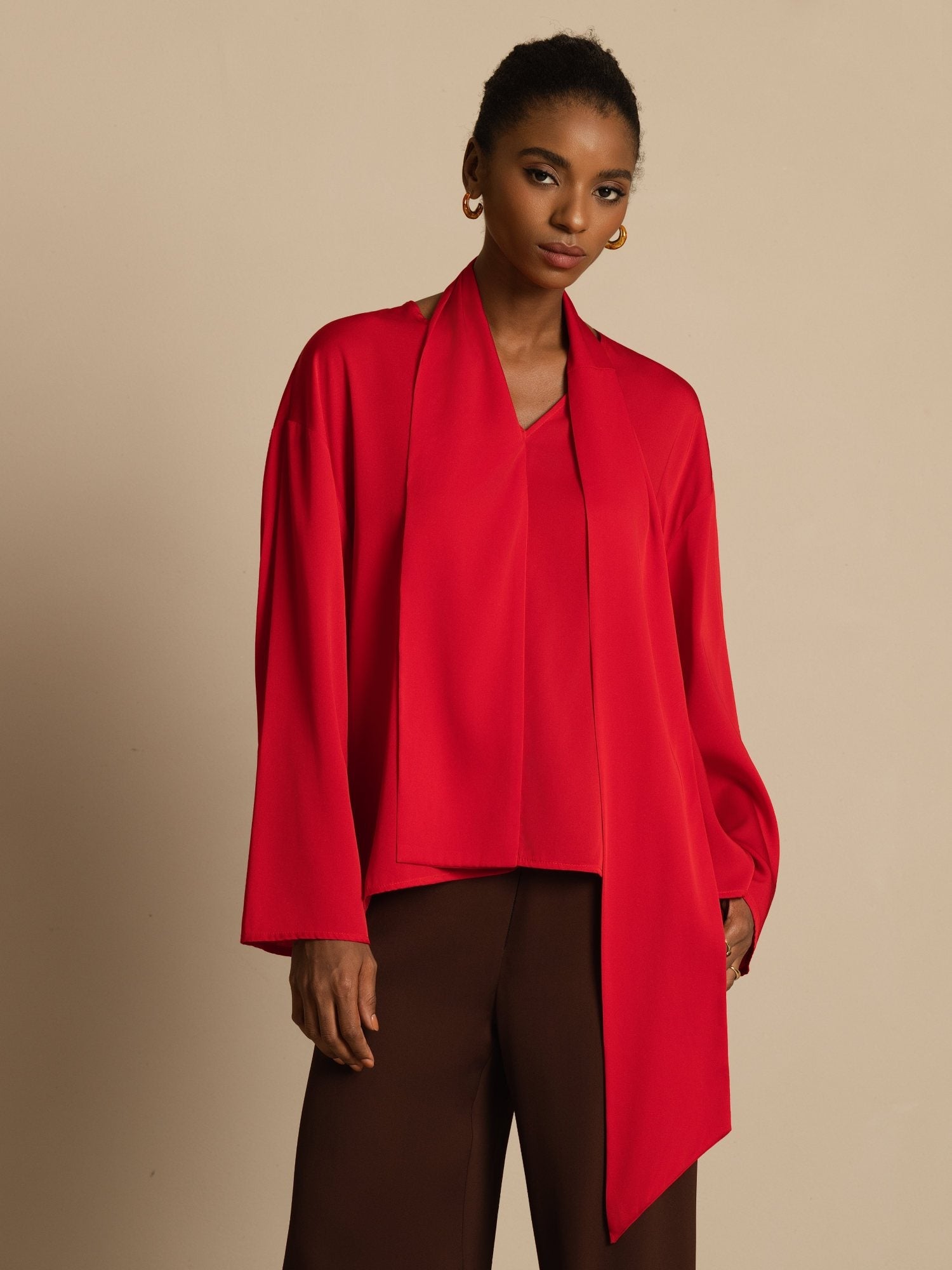 [Wine] SilkSilky-CA 19Momme Stretch Silk Double Georgette Long Sleeve V Neck Blouse 004