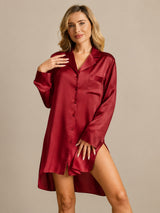[Wine] SilkSilky-CA Long Sleeve Lapel Collar Nightshirt 003