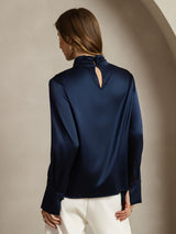 [Dark Blue] SilkSilky-CA 19Momme Silk Keyhole Neck Women's Shirt 002