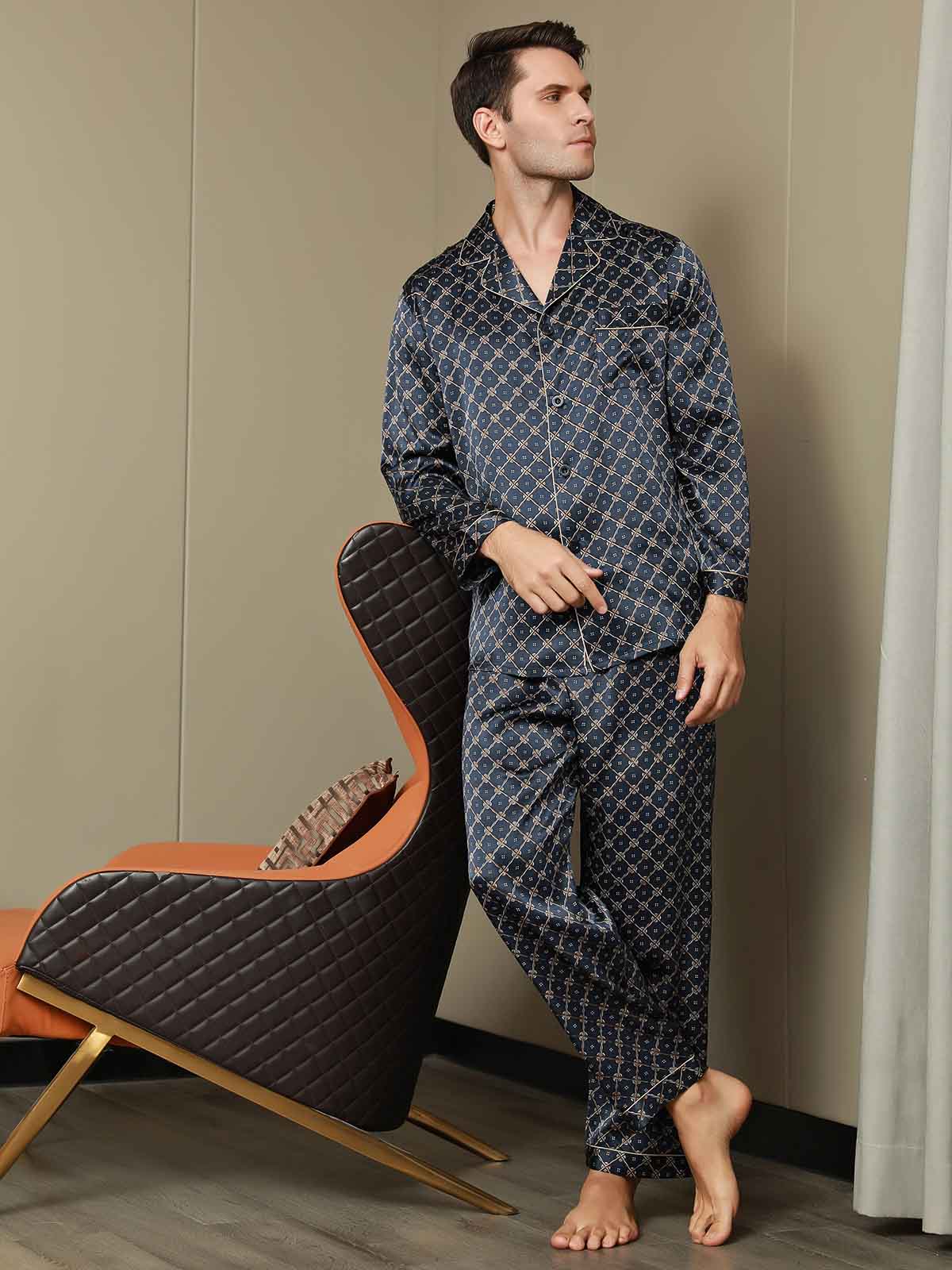 SilkSilky CA Pure Silk Long Sleeve Lapel Men's Pajamas DarkBlue 001