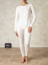 [White] SilkSilky-CA Silk Jersey Long Sleeve Round Neck Women's Long Johns 001