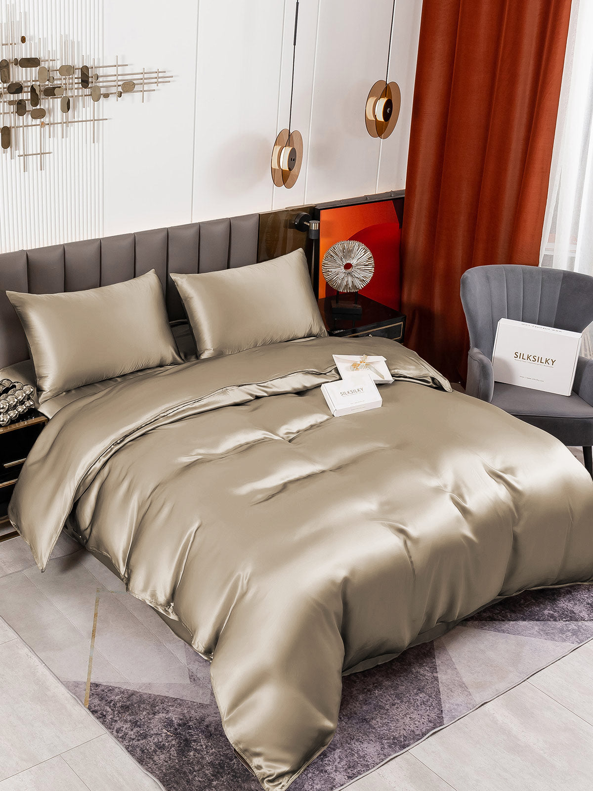 SilkSilky CA 19Momme Pure Silk Bedding Set Khaki 001