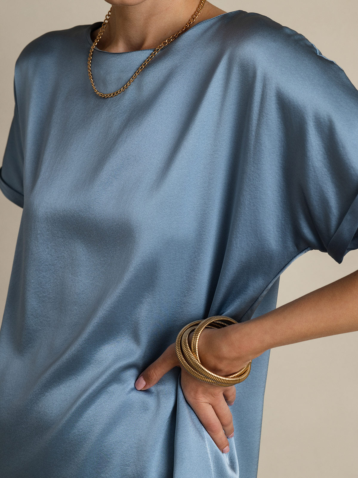 [Grayish Blue] SilkSilky-CA 19Momme Silk Round Neck Women's T-Shirt 008,