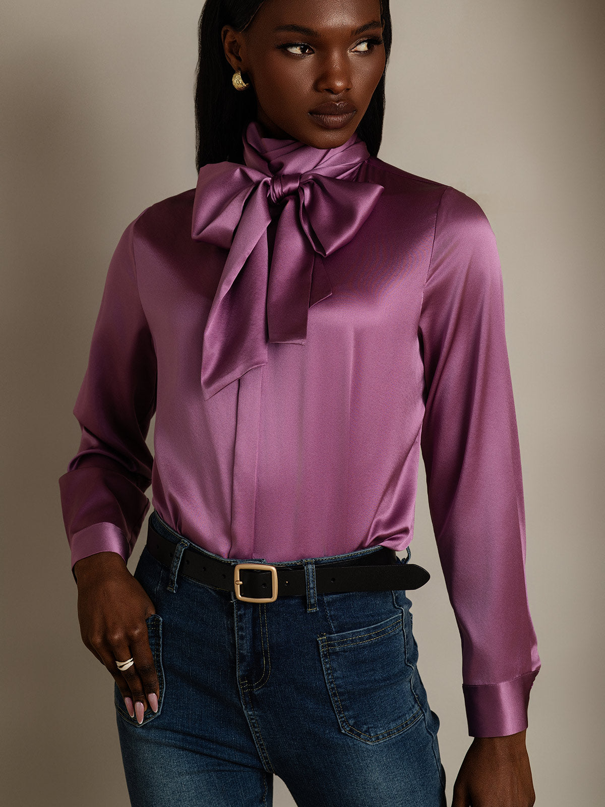 SilkSilky-CA 19Momme Silk Long Sleeve Tie Neck Women's Shirt DeepPurple 005