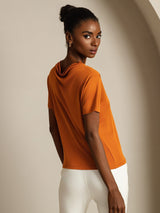 [Orange] SilkSilky-CA 100% Silk Jersey Short Sleeve Mock Neck Women's T-Shirt 002