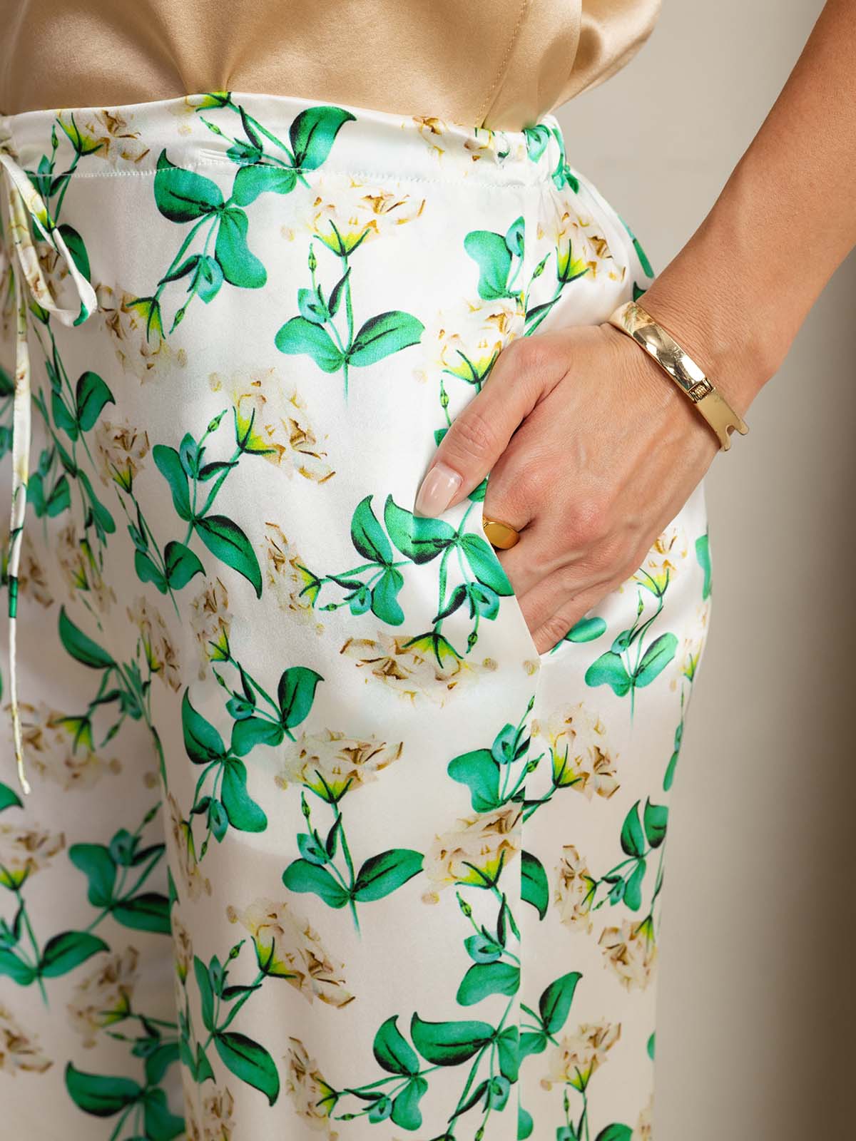 [Green Floral] SilkSilky-CA 19Momme Silk Womens Pants 004