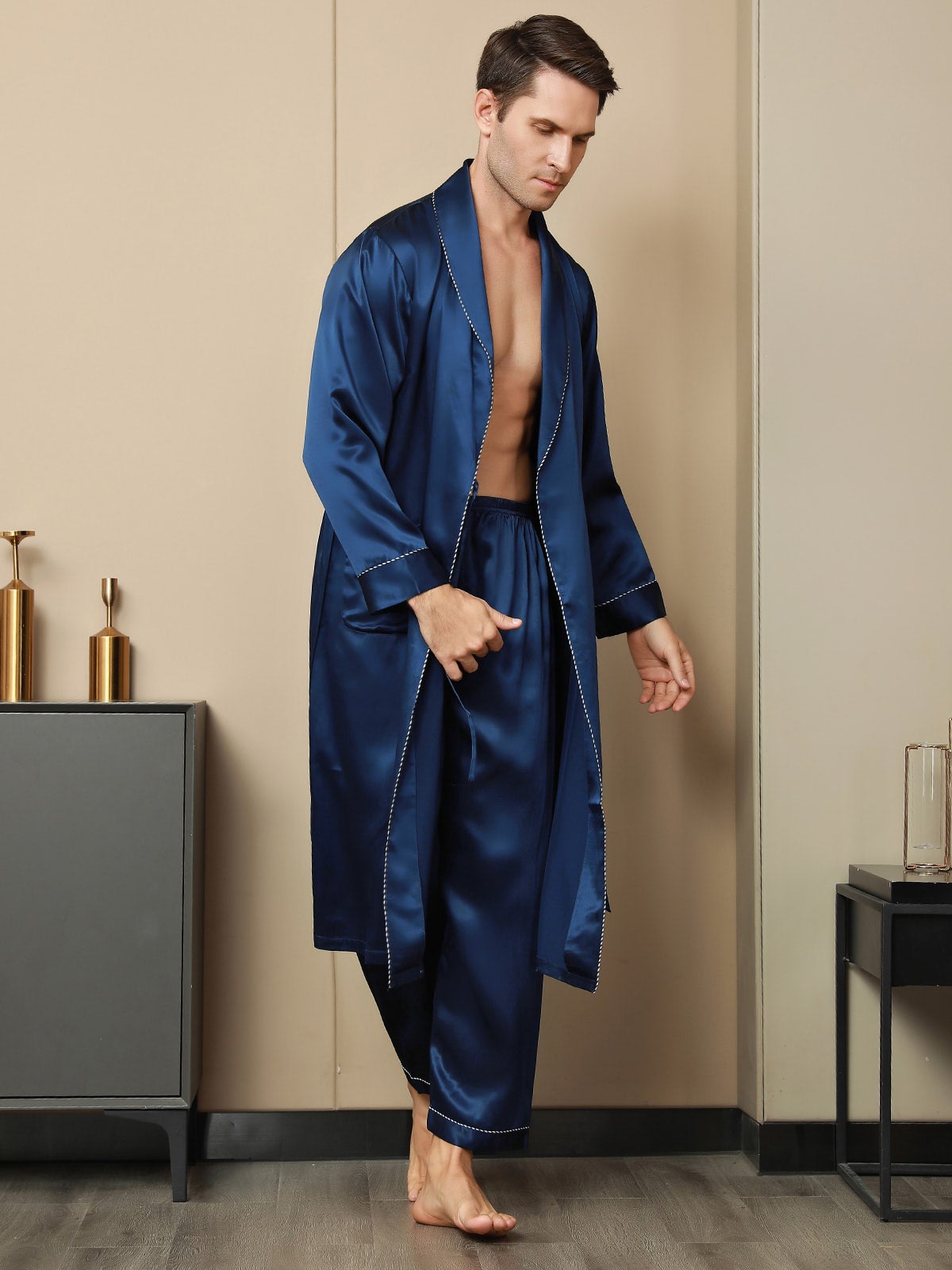 SilkSilky CA Pure Silk Long Sleeve Lapel Men's Robe DarkBlue 002