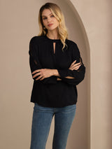[Black] SilkSilky-CA Long Sleeve Keyhole Neck Women's Blouse 005