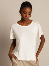 [White] SilkSilky-CA 100% Silk Jersey Short Sleeve Round Neck Women's T-Shirt 001