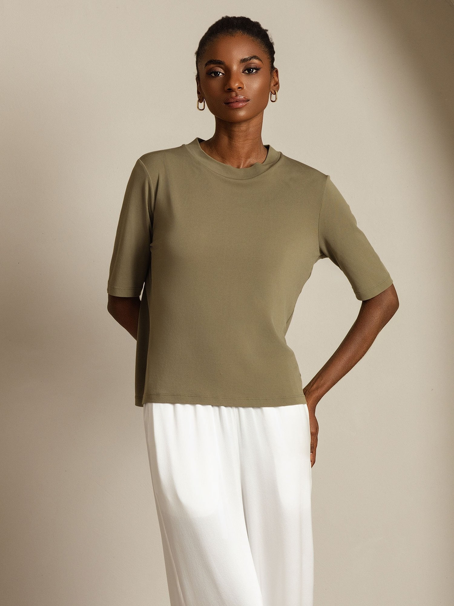 [Burnt Olive] SilkSilky-CA Pure Silk Round Neck Women's T-Shirt 005