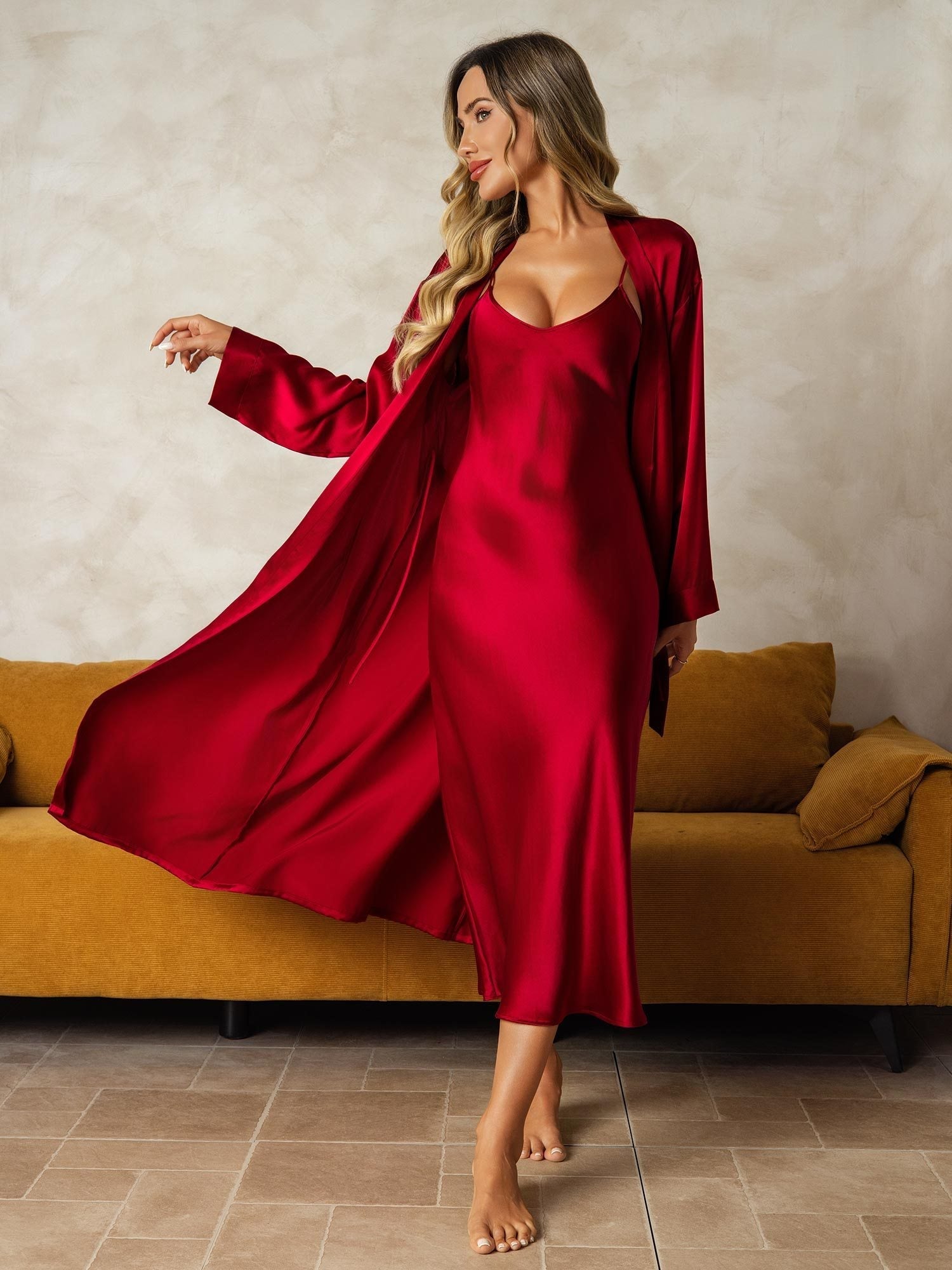 [Wine] SilkSilky-CA Long Sleeve V Neck Nightgown&Robe Set 001