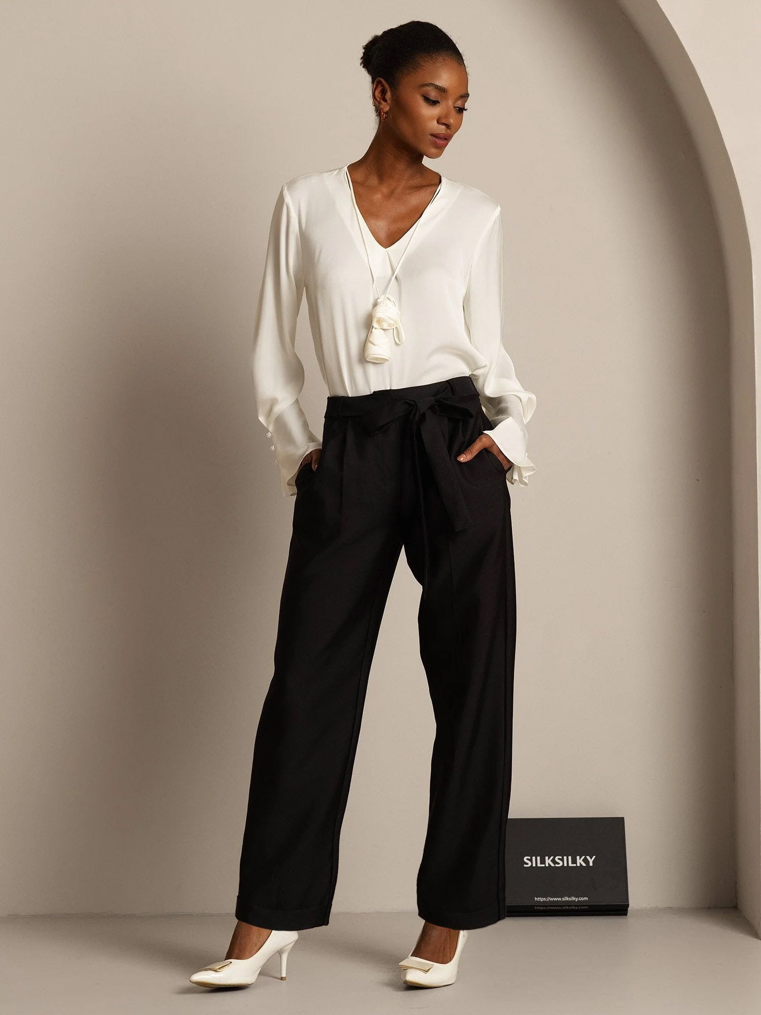 [Black] SilkSilky-CA 32Momme Silk-Wool Blend Womens Pants 007,