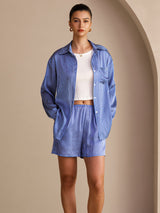 [Blue Pinstripe] SilkSilky-CA Long Sleeve Lapel Collar Women's Outfit Sets 004