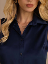 [Dark Blue] SilkSilky-CA Sleeveless Lapel Collar Women's Shirt 004