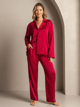 [Wine] SilkSilky-CA 19Momme Machine-Washable Silk Long Sleeve Notch Collar Women's Pajamas 005