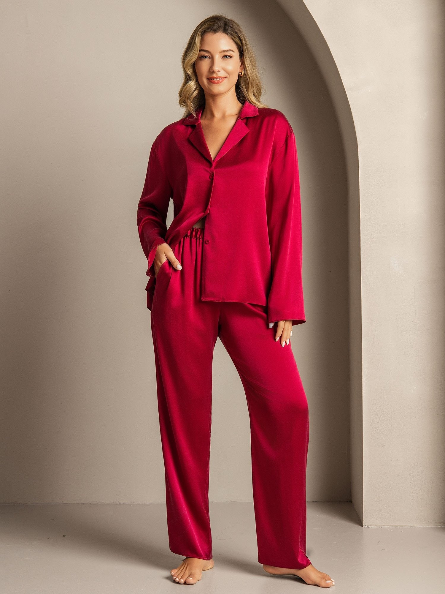 [Wine] SilkSilky-CA 19Momme Machine-Washable Silk Notched Neck Women's Pajamas 005